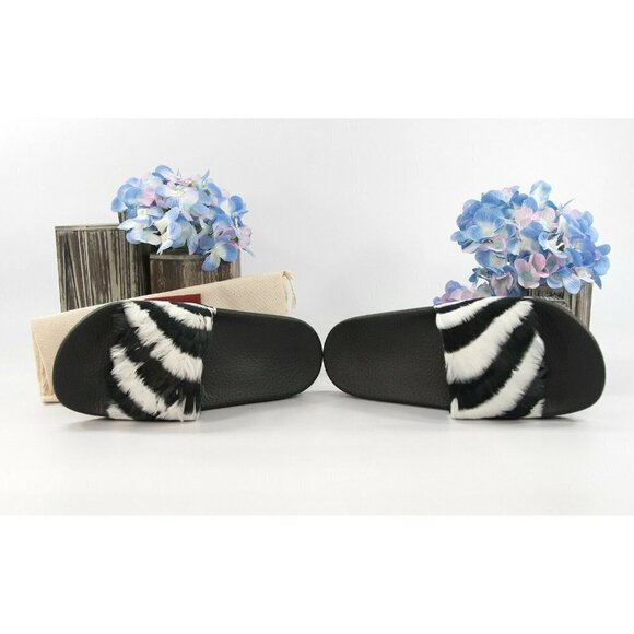 Valentino Black White Feather Embellished Pool Slide Sandals Sz 37 NIB - Picture 4 of 6